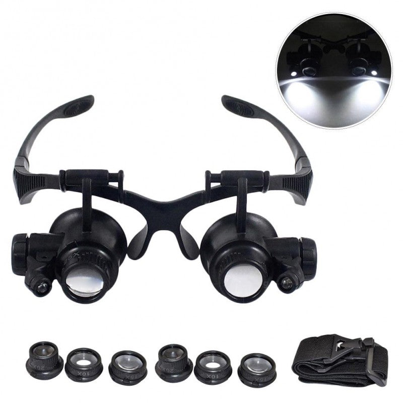 Ochelari lupa cu LED activ, set lentile 10x 15x 20x 25x si banda elastica incluse in pachet