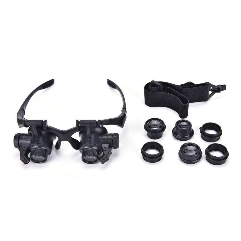 Ochelari lupa cu LED si 4 lentile interschimbabile 10x-25x, set complet cu banda elastica si accesorii
