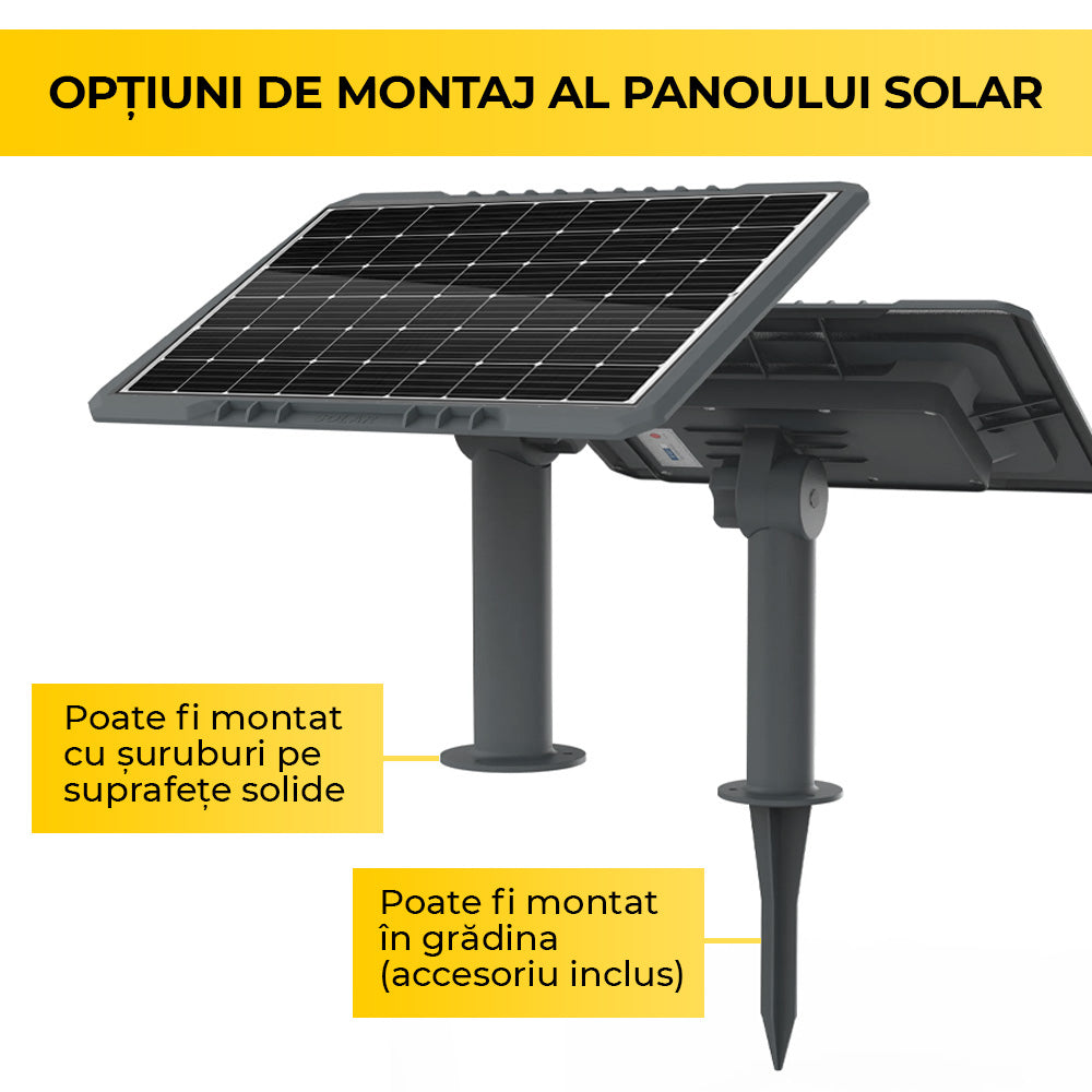 Panou solar cu doua optiuni de montaj: fixare cu suruburi pe suprafete solide sau tarus in gradina