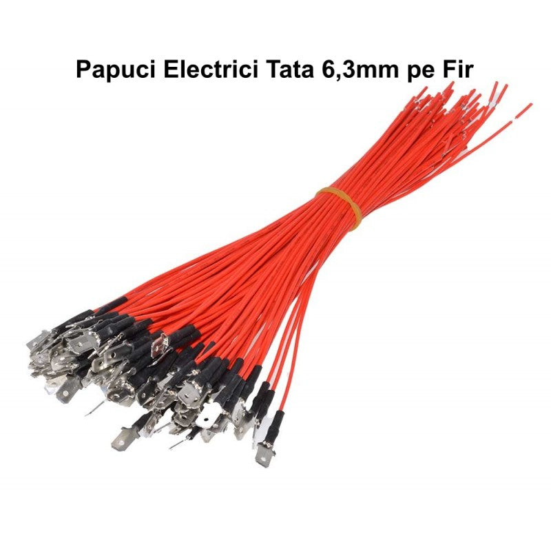 Set 100 papuci electrici tata 6,3mm cu fir rosu 20cm, legati in manunchi