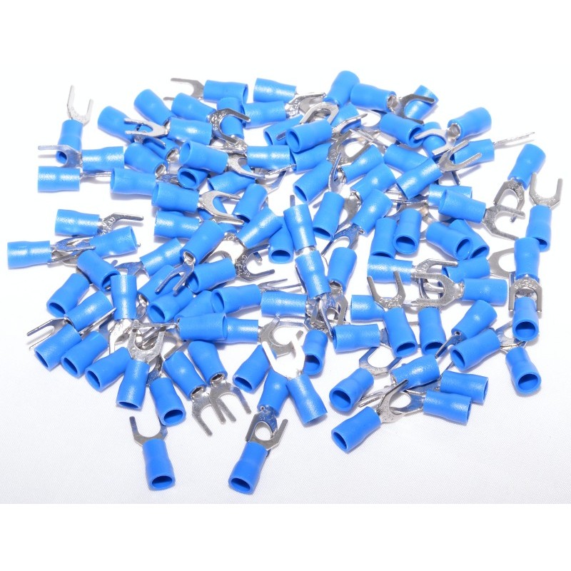 Set 100 bucati papuci electrici furca albastri 5mm, lot complet pentru instalatii electrice