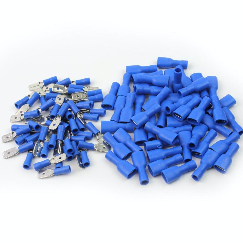 Terminali izolati albastri 6,3mm in vrac, 100 conectori tata si 100 mama, compatibili fire 1,5-2,5mm²
