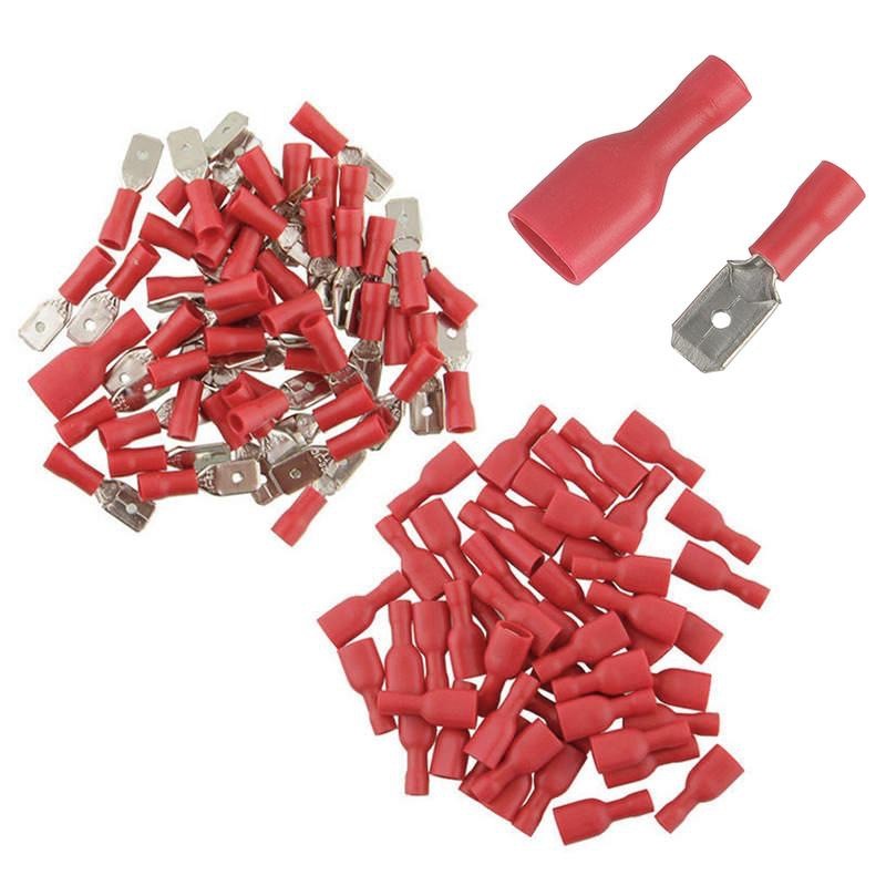 Set 200 terminali izolati rosu 6,3mm, 100 conectori mama si 100 tata pentru instalatii electrice auto