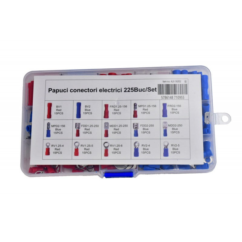 Cutie papuci conectori electrici 225 piese, eticheta cu 15 tipuri de conectori, vedere frontala