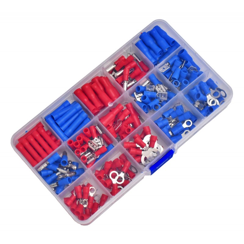 Set 225 papuci conectori electrici izolati, compatibili fire 1-3mm, rosu si albastru, cutie transparenta cu 15 compartimente