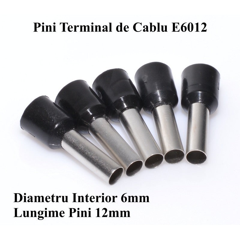 Pini terminali de cablu negri cu diametru interior 6mm si lungime pini 12mm, detaliu metalic