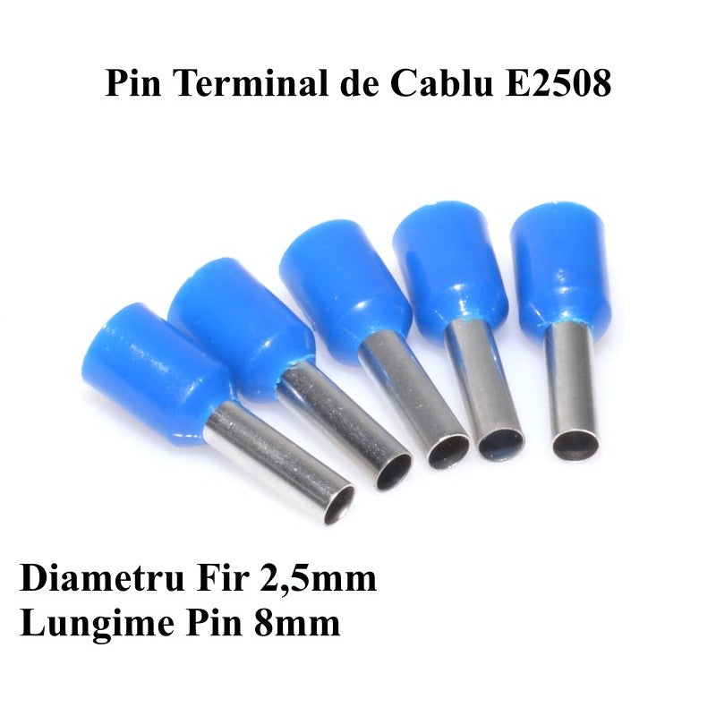 Pin terminal de cablu albastru, diametru fir 2.5mm, lungime pin 8mm, vedere laterala
