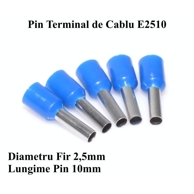 Pin terminal de cablu albastru, diametru fir 2,5mm, lungime pin 10mm, detaliu lateral