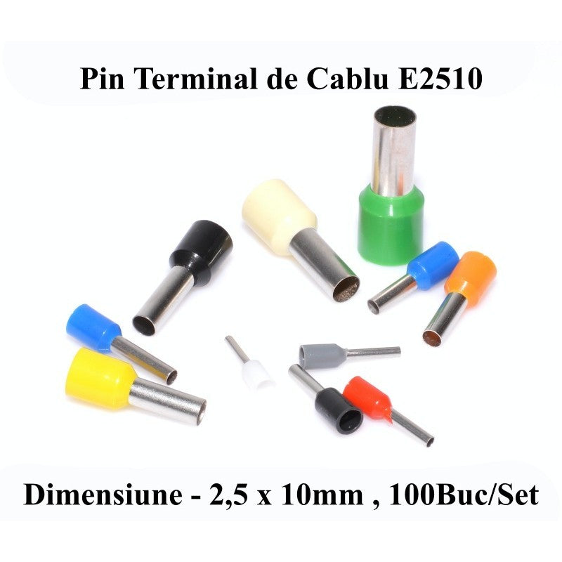Pini terminali izolati 2,5x10mm in mai multe culori, set 100 bucati pentru instalatii electrice