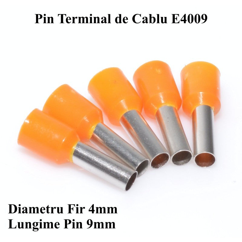 Pin terminal cablu portocaliu, diametru fir 4mm, lungime pin 9mm, vedere detaliata