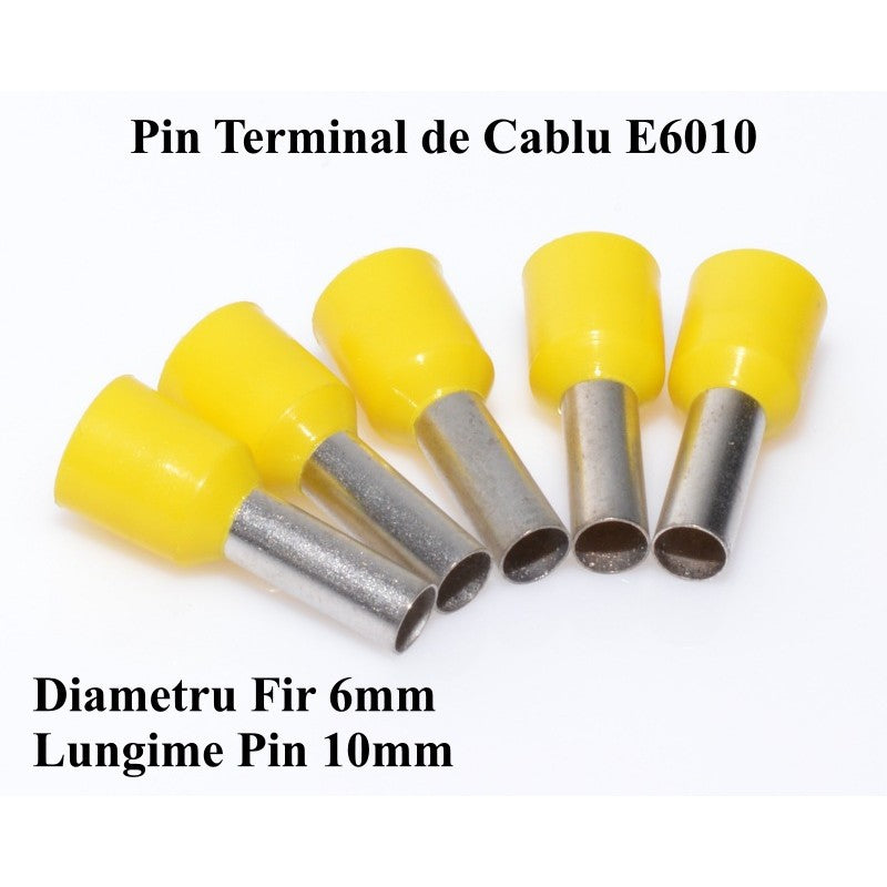 Pin terminal cablu 6mm² pin 10mm, izolatie galbena, vedere laterala detaliata