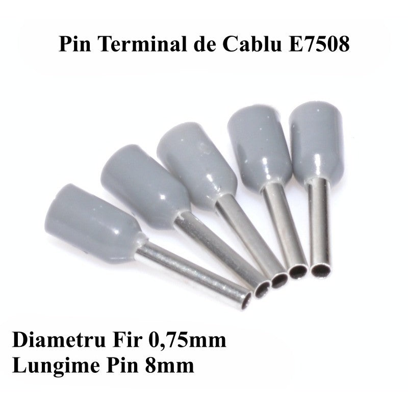 Pin terminal cablu 0,75mm2, lungime 8mm, vedere detaliata a tubului metalic sertizat