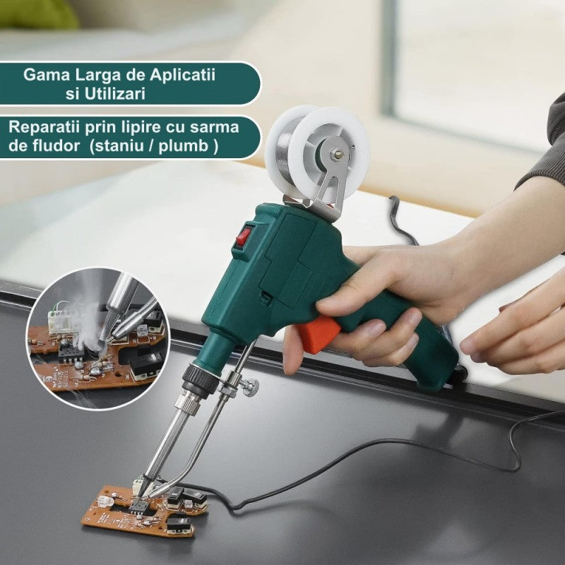 Pistol de lipit automat 40W-80W utilizat pentru reparatii circuite imprimate, cu rola de sarma montata