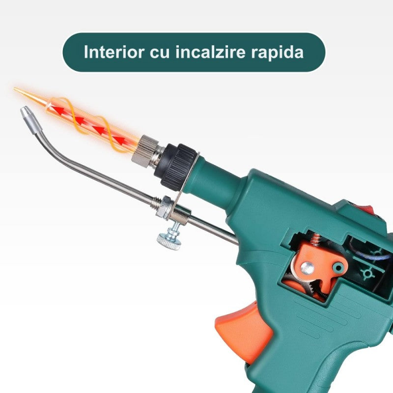 Pistol de lipit cu sistem de incalzire rapida interna, varf metalic si mecanism trigger vizibil