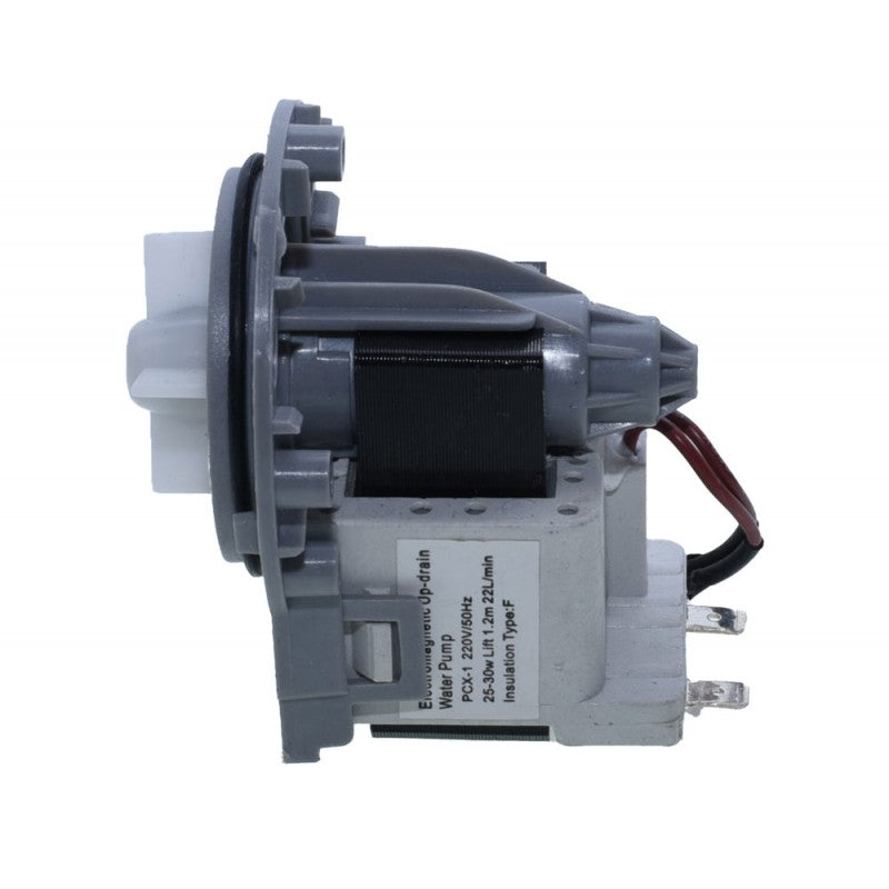 Pompa evacuare masina de spalat 220V/50Hz, vedere profil cu eticheta tehnica lizibila