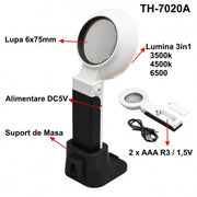 Lupa cu LED 6x75mm, iluminare 3in1 3500K-6500K, alimentare DC5V, suport de masa inclus
