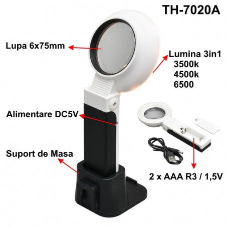 Lupa cu LED 6x75mm, iluminare 3in1 3500K-6500K, alimentare DC5V, suport de masa inclus