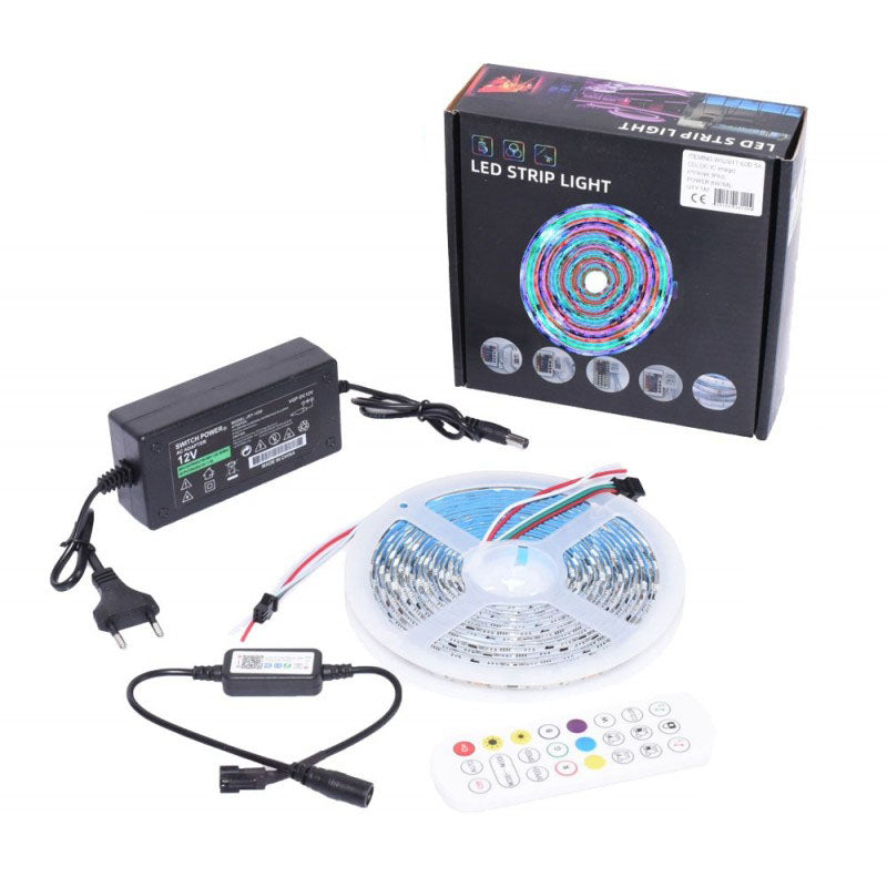 Banda LED RGB 12V 5m IP65, kit complet cu alimentator, controller Bluetooth si telecomanda 24 taste