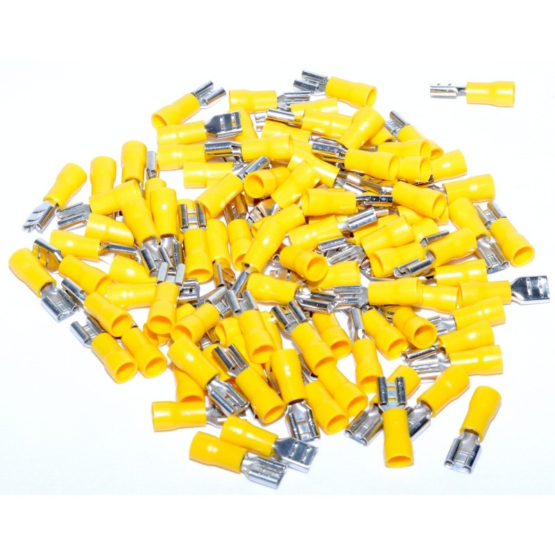 Set 100 bucati papuci electrici izolati mama galben 6.3mm, compatibili fire 4-6 mm²