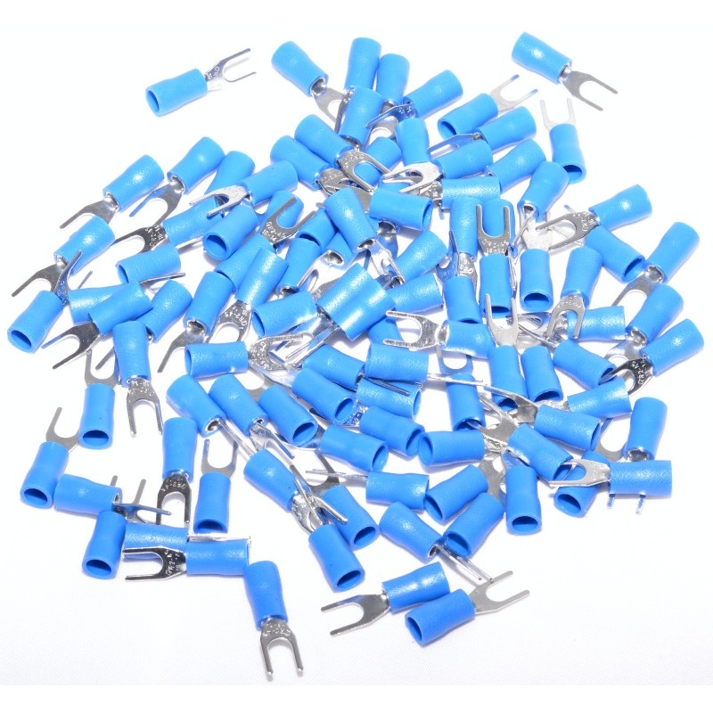 Set 100 papuci electrici tip furca albastri Ø4mm, cablu 1.5-2.5mm², vedere de ansamblu