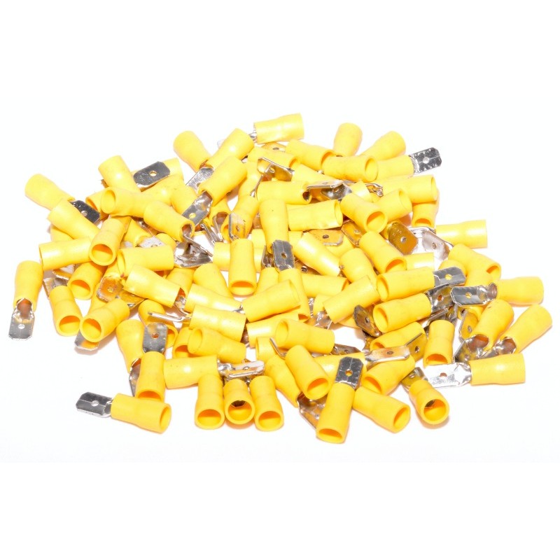 Set 100 bucati papuci electrici tip tata galbeni 6.3mm, conectori izolati in vrac