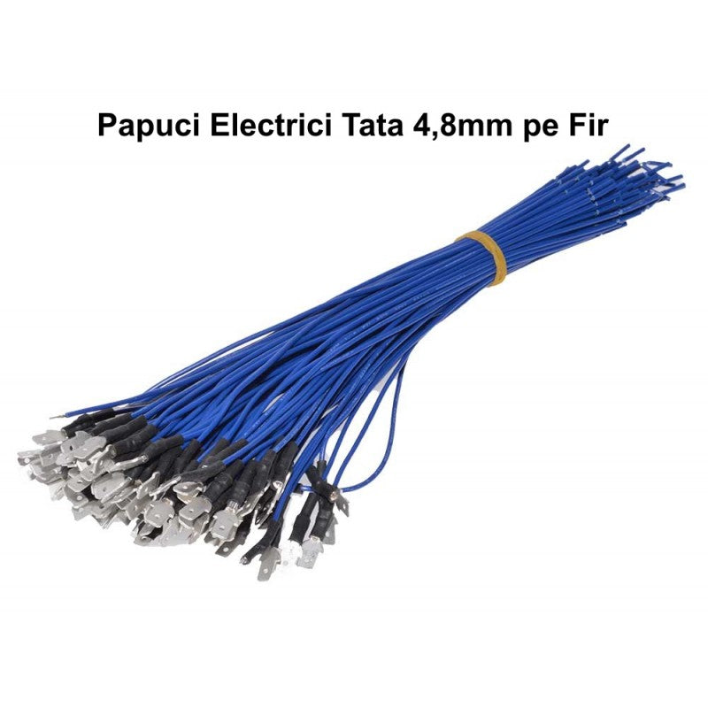 Set 100 papuci electrici tata 4,8mm pe fir albastru 20cm, legati in manunchi