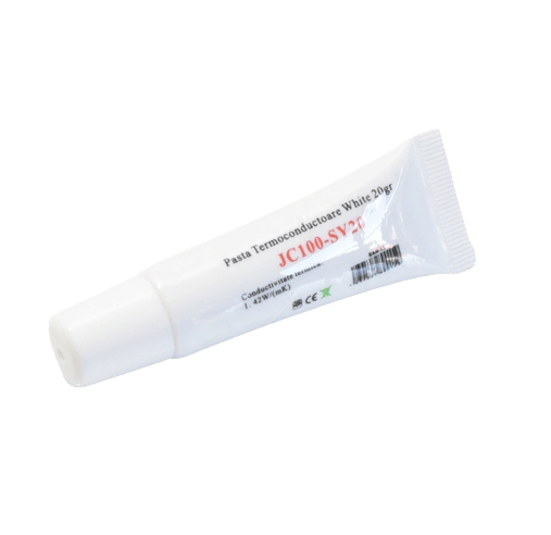 Tub pasta termoconductoare alba 20gr, unghi diagonal cu eticheta conductivitate termica lizibila