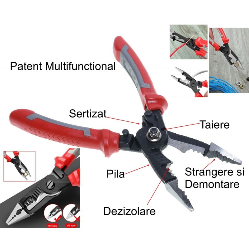 patent multifunctional cu functii indicate: sertizat, taiere, dezizolare, pila, strangere si demontare