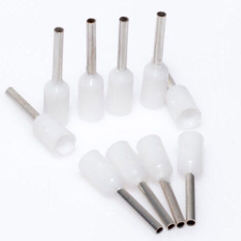 Pini terminali izolati albi 0,5mm2, pin 8mm, set 100 bucati pentru conexiuni electrice sigure