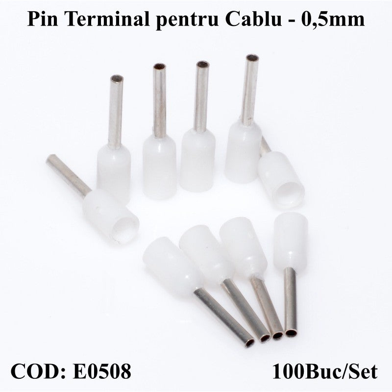 Pin terminal alb 0,5mm2, lungime pin 8mm, set 100 bucati pentru instalatii electrice