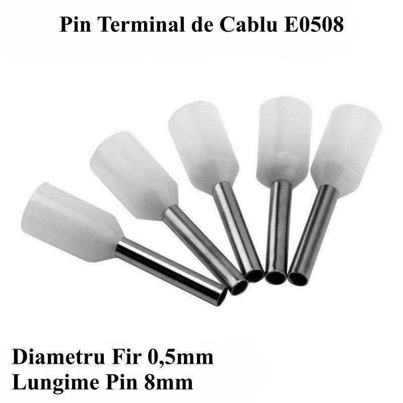 Pin terminal izolat alb, diametru fir 0,5mm, lungime pin 8mm, detaliu tub metalic cuprat