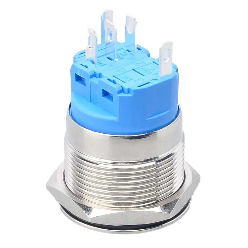 buton push metalic 22mm vedere spate cu pini faston marcati NO NC C, corp inox filetat 22mm