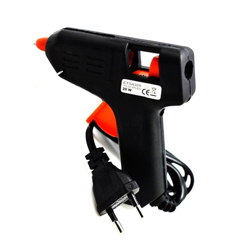 Pistol de lipit cu silicon 20W, compatibil bare 8mm, design ergonomic negru-portocaliu cu suport integrat