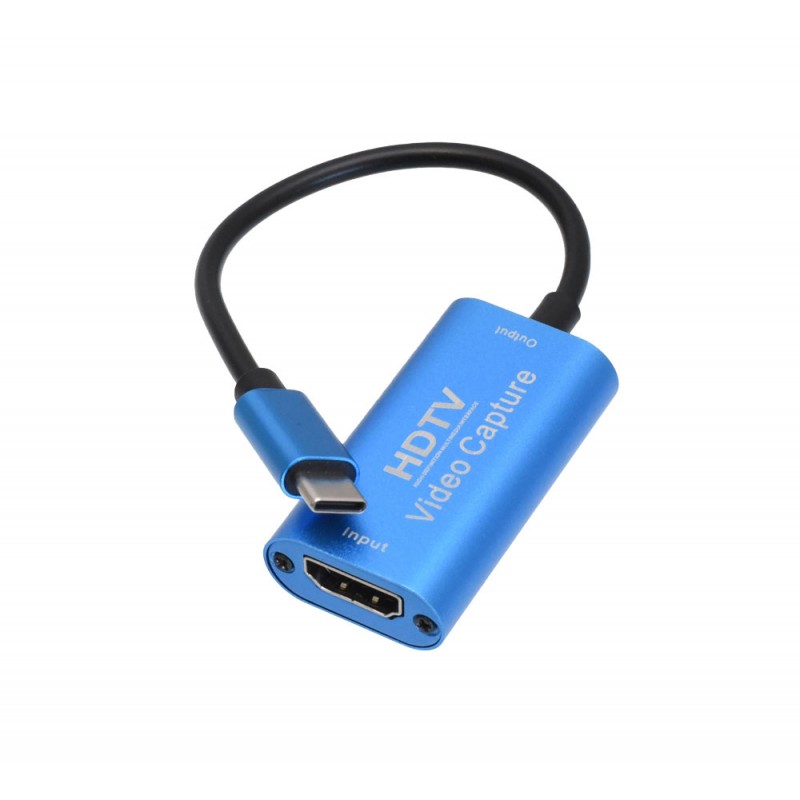 Placa captura HDMI Type-C, detaliu port HDMI input si conector USB-C, unghi apropiat