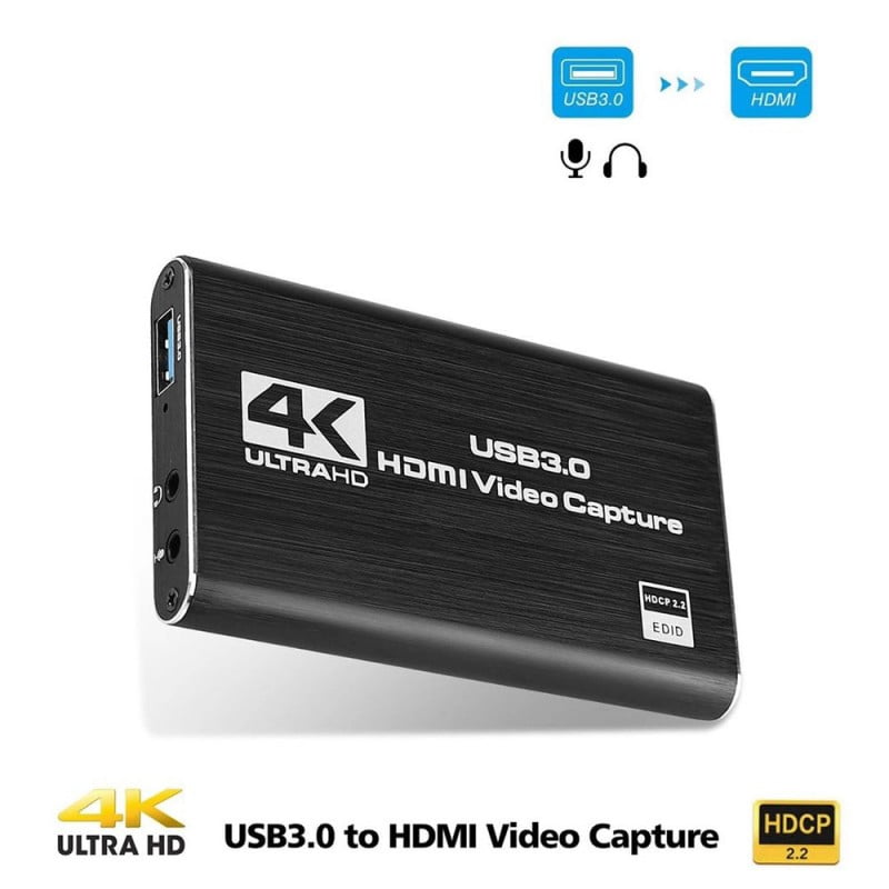Placa de captura HDMI 4K USB 3.0 cu suport HDCP 2.2, vedere laterala cu port USB si mufe audio