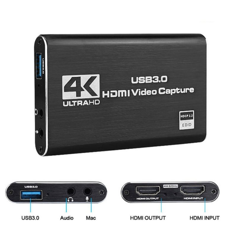 Placa de captura USB 3.0 4K cu detalii porturi laterale: USB 3.0, audio jack si HDMI input/output