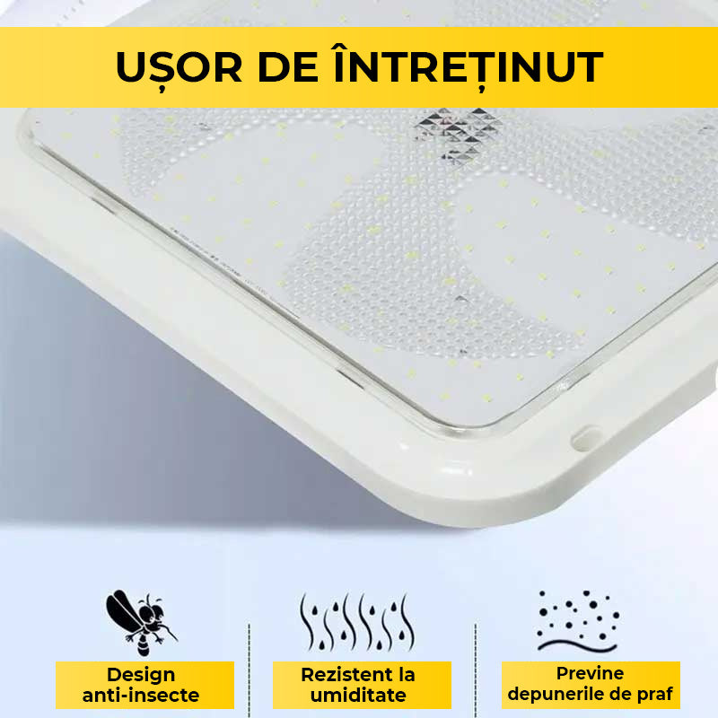 Plafoniera solara LED patrata cu design anti-insecte, rezistenta la umiditate si praf, usor de intretinut