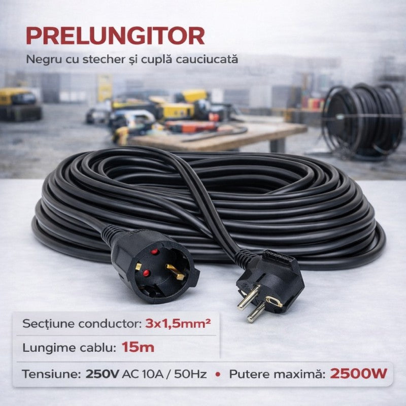 Prelungitor negru 15m cu cupla cauciucata, 250V, 2500W, sectiune conductor 3x1.5mm²