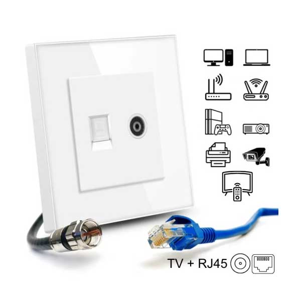 Priza TV + RJ45 Cat6 alba cu ilustratie dispozitive compatibile: TV, router, consola, proiector, camera