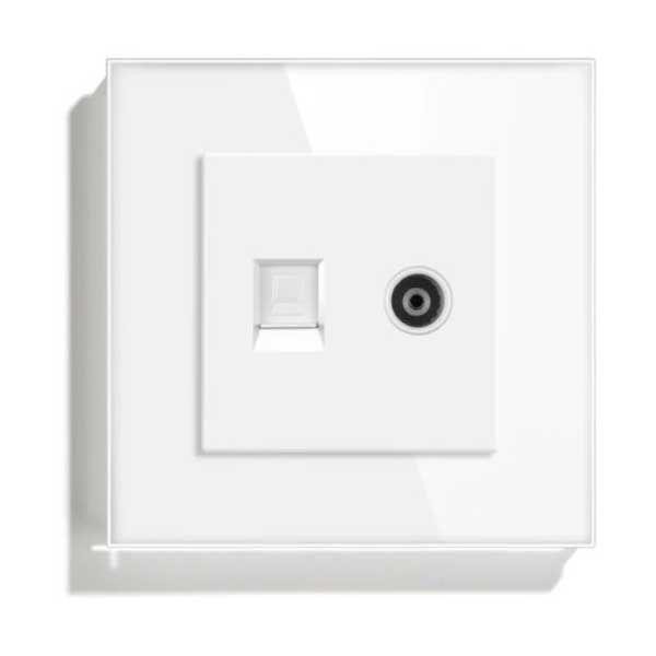 Priza TV + RJ45 Cat6 rama sticla securizata alba, montaj ingropat, port internet gigabit si conector TV 9.5mm