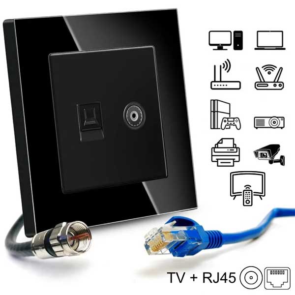 Priza TV + RJ45 Cat6 neagra cu cablu coaxial si cablu retea, compatibila cu multiple dispozitive