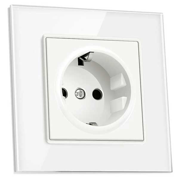 Priza cu rama din sticla securizata alba, vedere in unghi, design minimalist premium