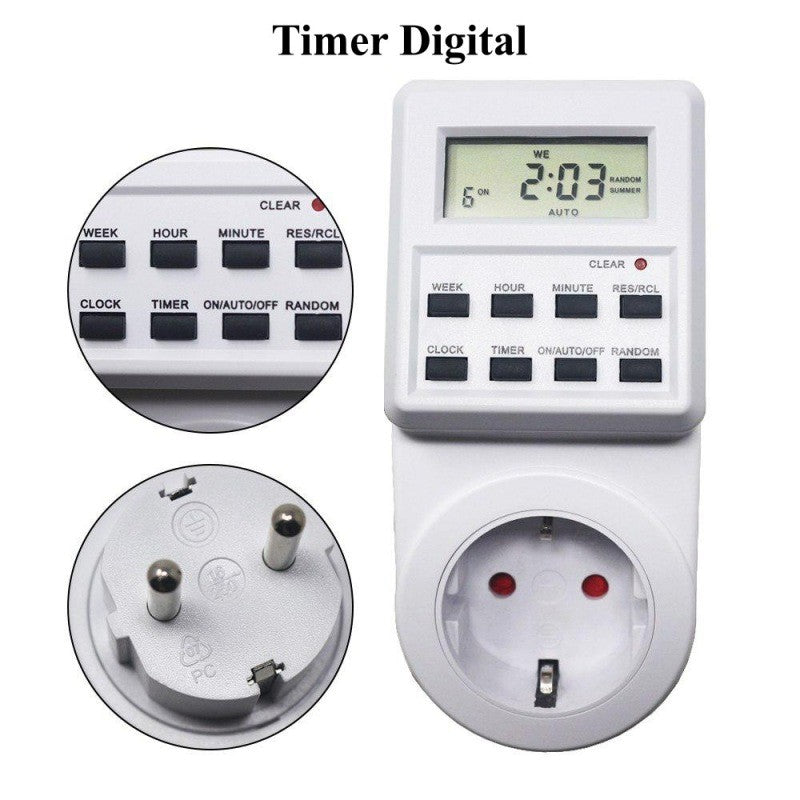 Timer digital priza 230V, detaliu butoane de programare si stecker Schuko