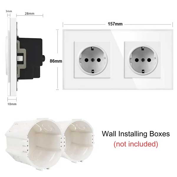Priza dubla cu rama sticla 157x86mm, montaj ingropat, cutii de montaj standard necesare separat