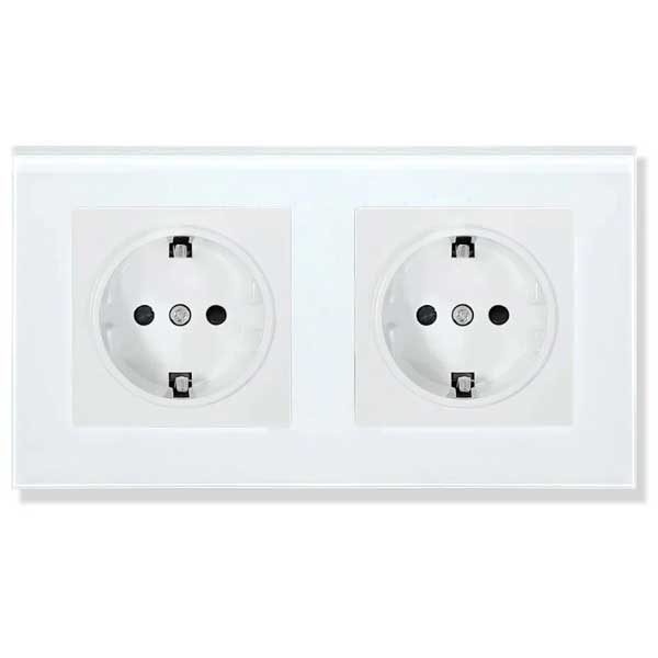 Priza dubla incastrata cu rama din sticla securizata, 16A, 250V, alba, tip Schuko