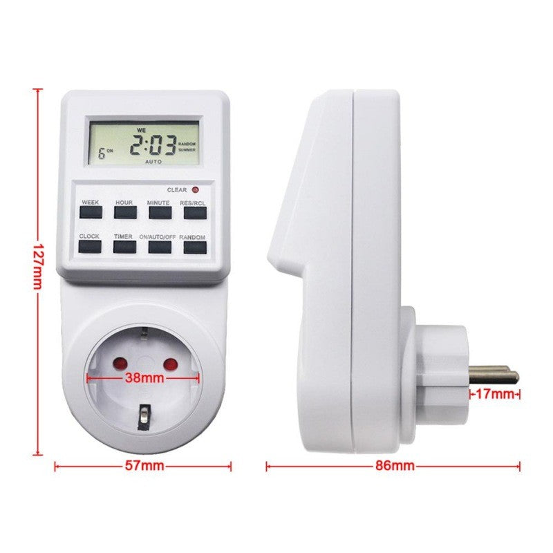 Timer priza digital cu dimensiuni 127x57mm, vedere fata si profil