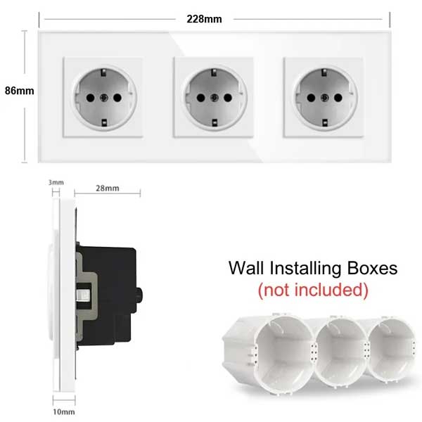 Dimensiuni priza tripla 228x86mm, montaj incastrat in perete, profil 28mm adancime