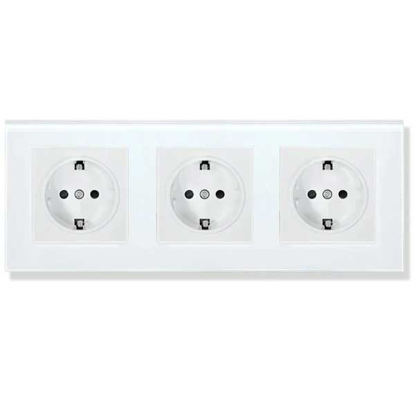 Priza tripla incastrata cu rama din sticla securizata, 16A, 250V, rama alba, 3 posturi independente