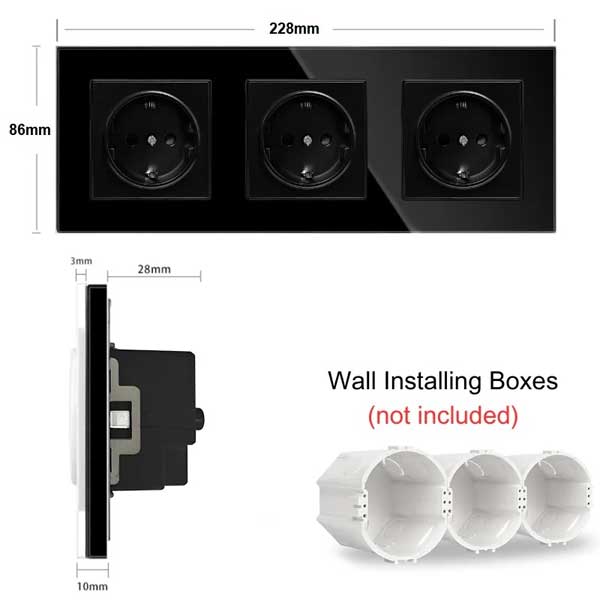 Dimensiuni priza triple 228x86mm, adancime 28mm, montaj incastrat in doza standard de perete