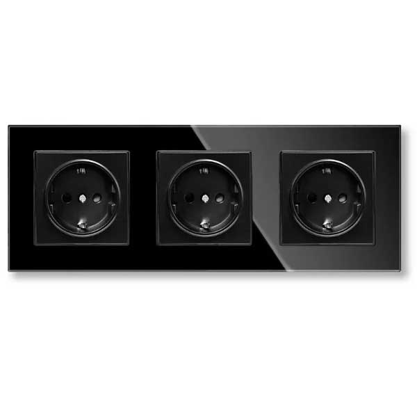 Priza tripla incastrata cu rama sticla securizata neagra, 16A, 250V, standard european Schuko